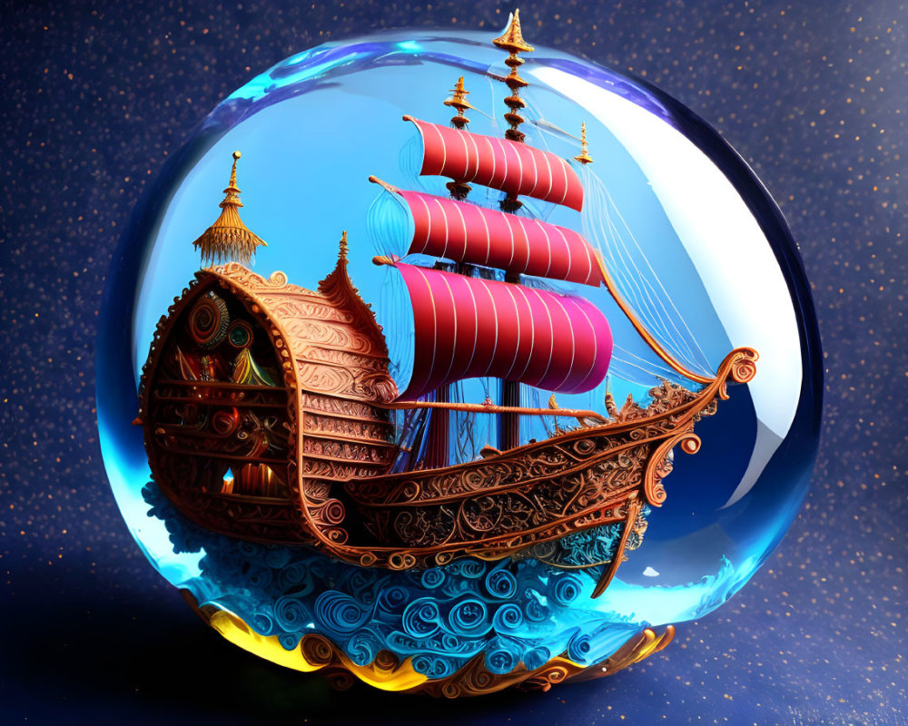 Ornate ship with red sails in transparent bubble on starry night sky