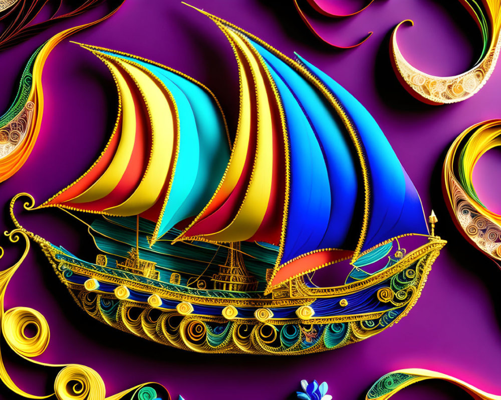 Colorful ship with golden filigree on purple background