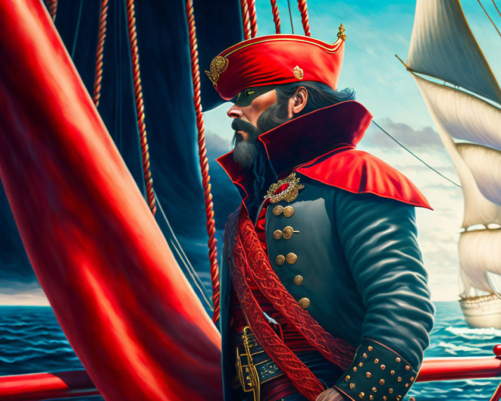 Regal maritime officer in red and black uniform by ship riggings