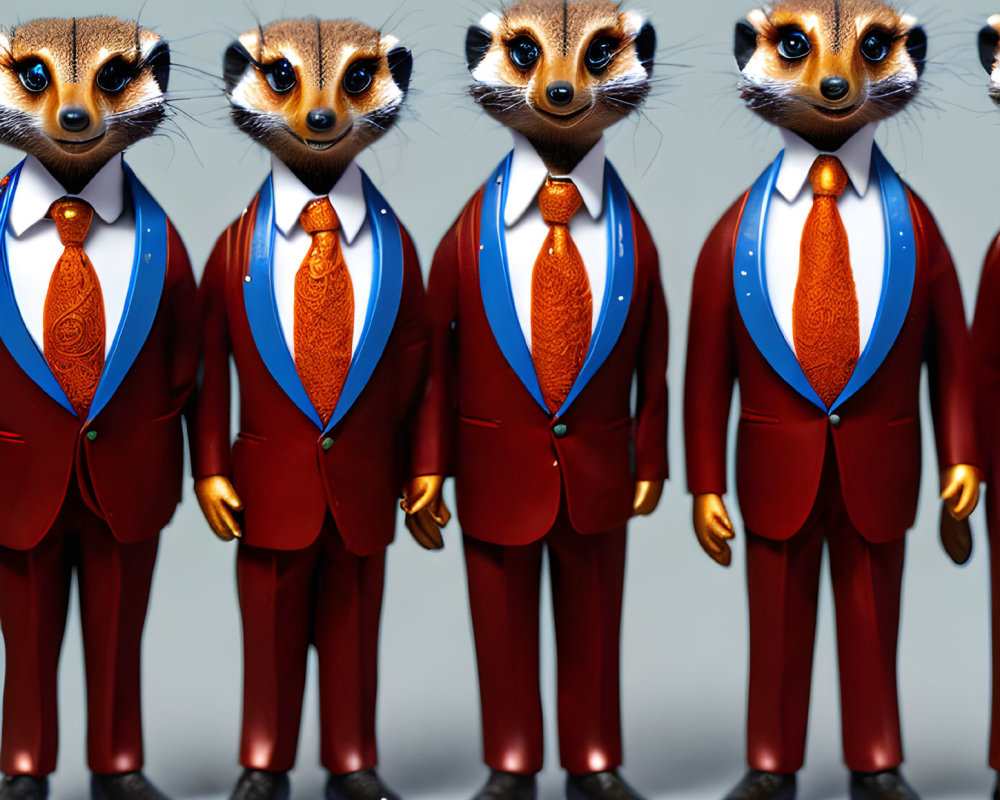 Five identical meerkat figures in red suits and ties on gray background