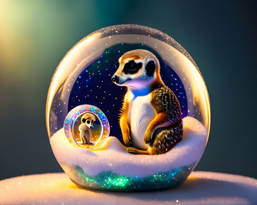 Meerkat in Glittery Snow Globe with Cosmic Background
