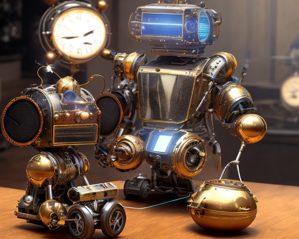 Steampunk-inspired robot family in cozy 3D interior.
