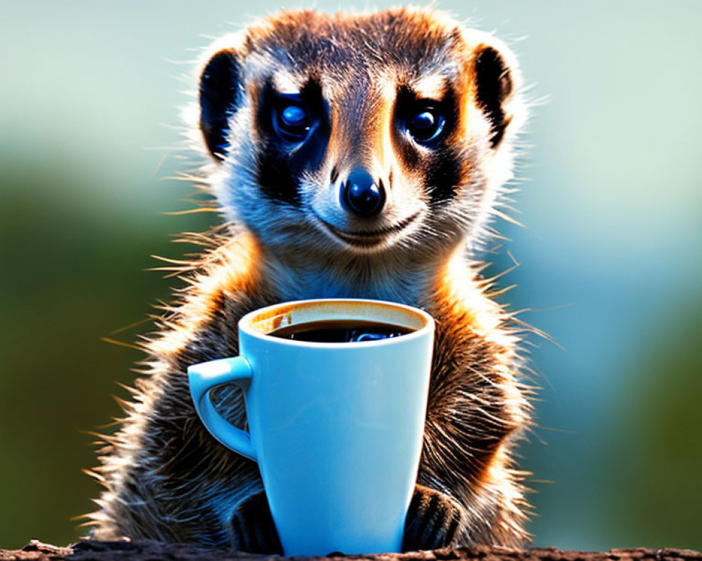 Curious meerkat behind blue coffee mug on wooden surface