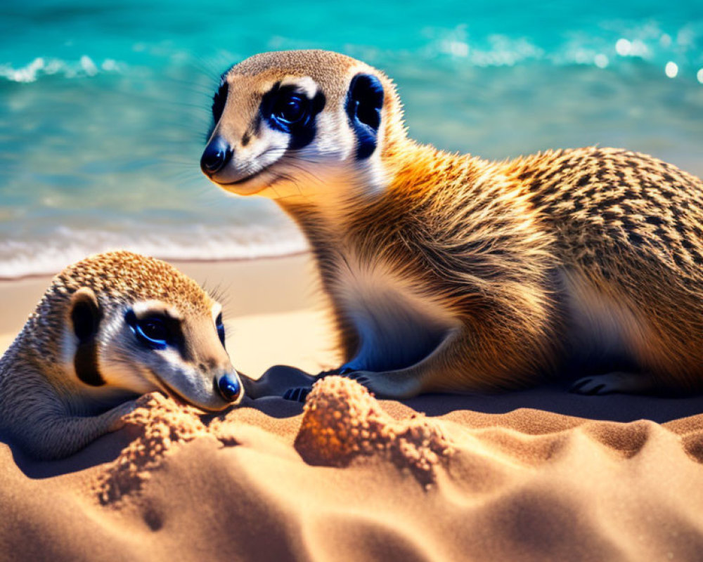 Two meerkats on sandy terrain with one lying down and the other sitting upright against a vibrant blue