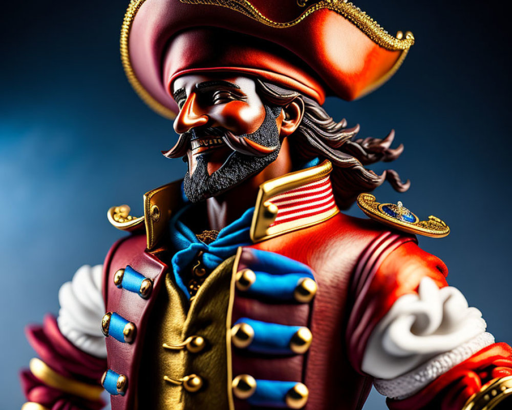 Detailed Pirate Figure with Red Hat and Coat on Blue Background
