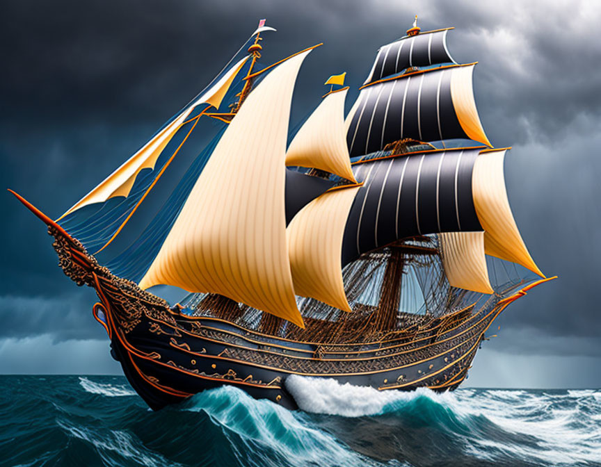 Majestic sailing ship on high seas in stormy sky