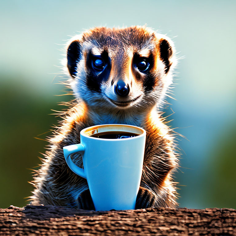 Curious meerkat behind blue coffee mug on wooden surface