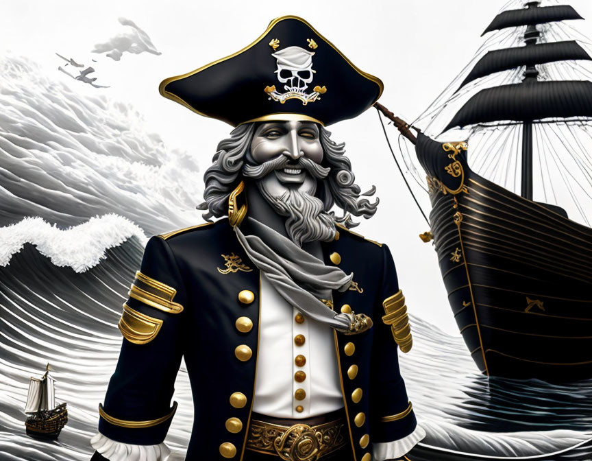 Smiling cartoon pirate with beard and captain's hat on pirate ship background