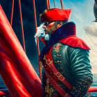Regal maritime officer in red and black uniform by ship riggings