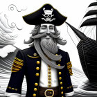 Smiling cartoon pirate with beard and captain's hat on pirate ship background