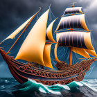 Majestic sailing ship on high seas in stormy sky