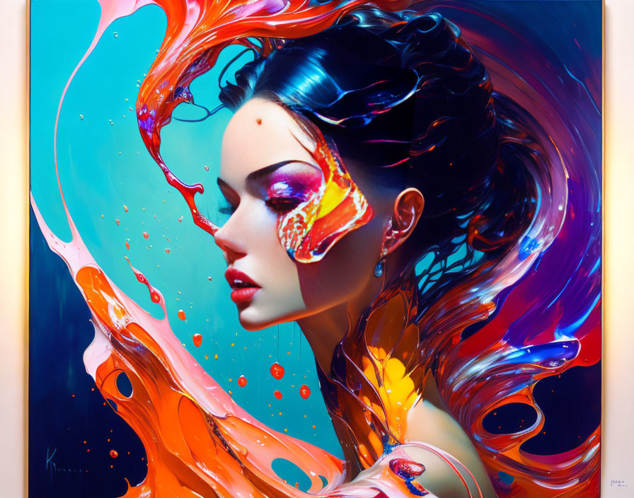 Abstract digital artwork: Woman with flowing hair in red and blue splashes