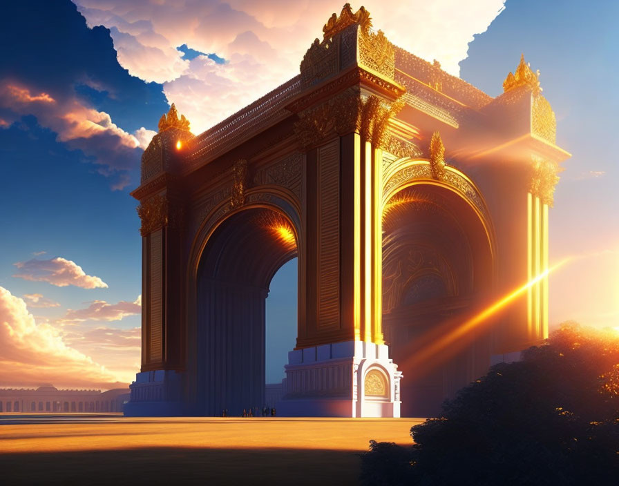 Golden archway illuminated by sunrise or sunset beams