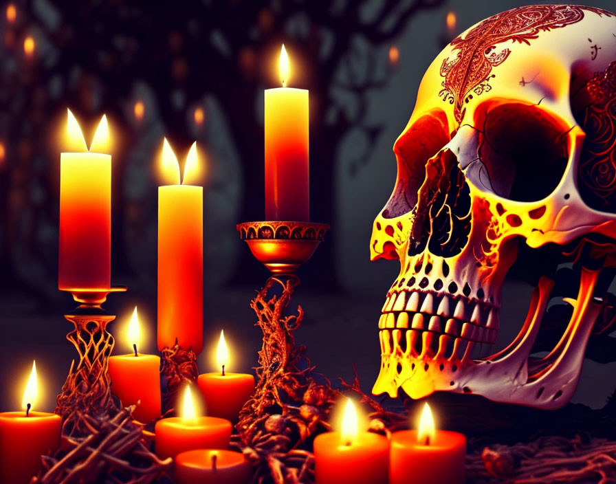Decorated Skull and Lit Candles on Dark Background