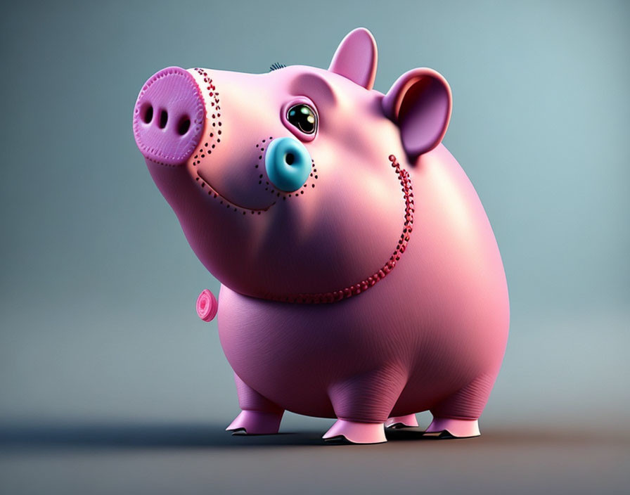 Whimsical 3D illustration: Pink pig with zipper, blue eyes