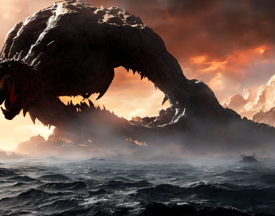 Gigantic Dragon Over Turbulent Ocean Waters