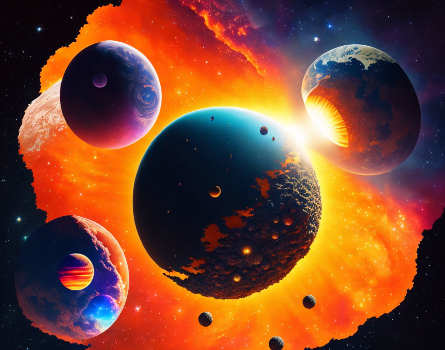 Colorful cosmic scene with multiple planets and bright orange nebulae