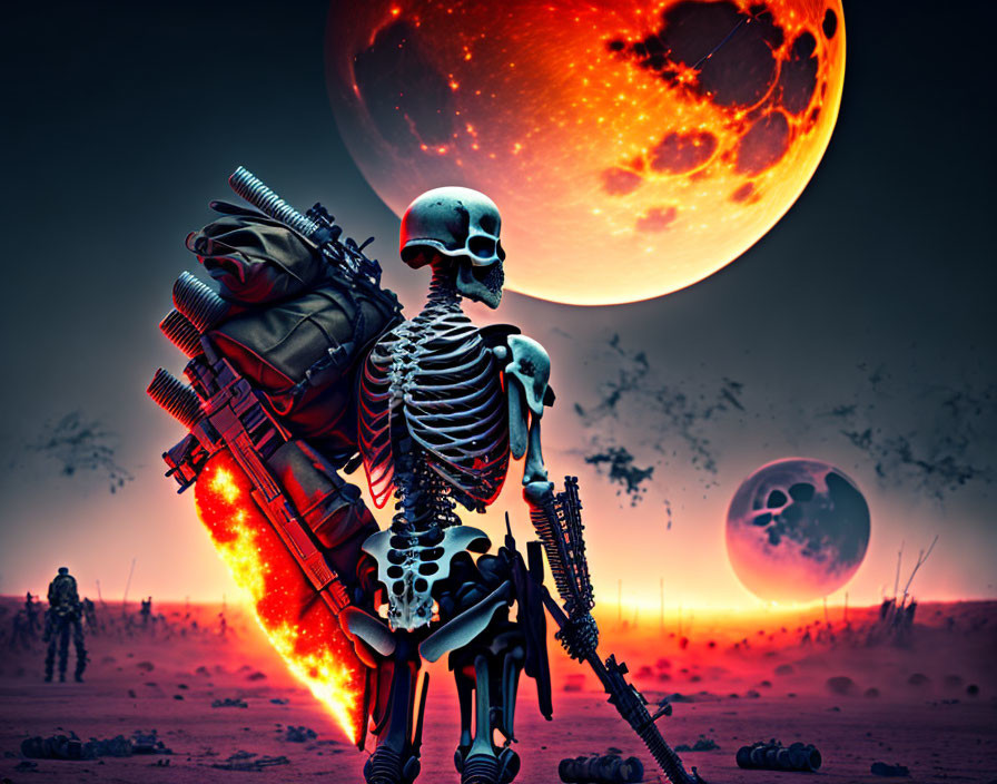 Skeleton warrior with futuristic weapons in apocalyptic landscape
