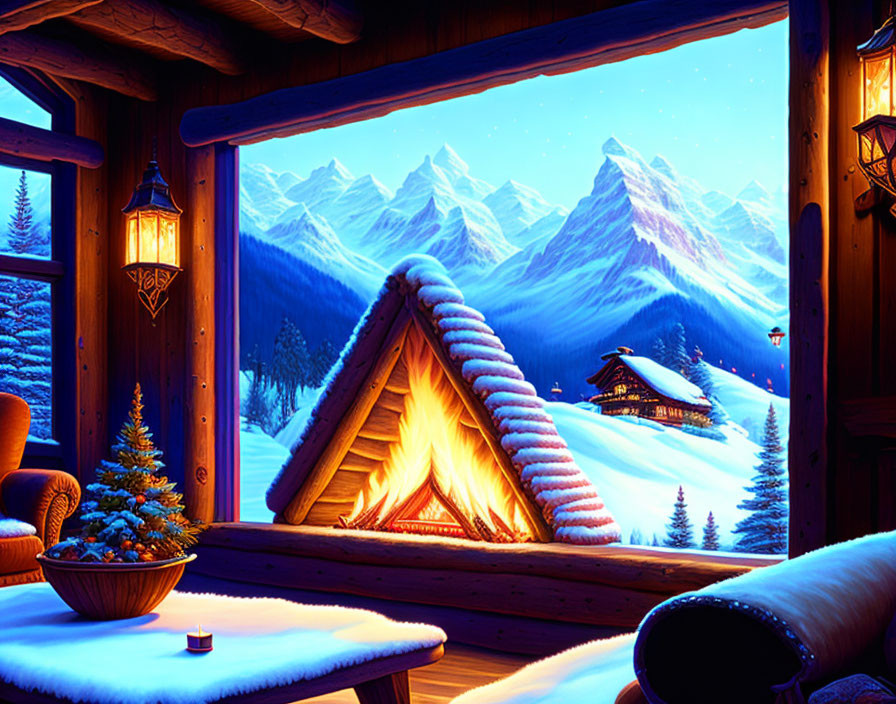 Snowy night scene: cozy chalet roofs, glowing lights, snow drifts, mountains
