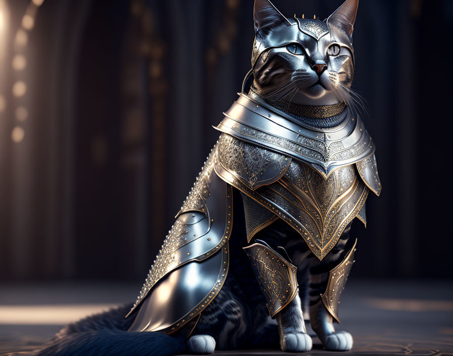 Medieval knight armor-clad cat in ornate setting