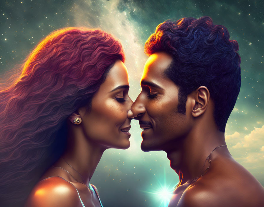 Digital illustration of couple kissing against cosmic background