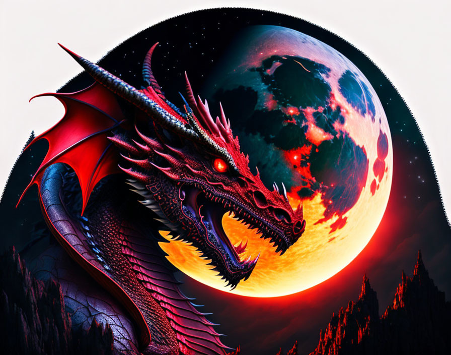 Majestic dragon with crimson eyes and scales before giant moonlit planet on rocky landscape