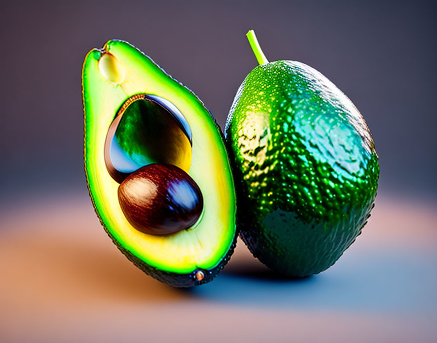 Ripe avocado cut open with seed next to whole avocado on gradient background