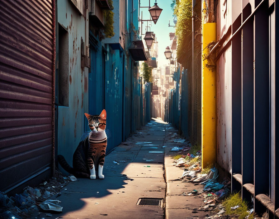 Cat in Sunlit Alleyway with Building Shadows