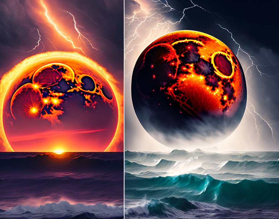 Contrasting tranquil sunset ocean with stormy sea and fiery planet