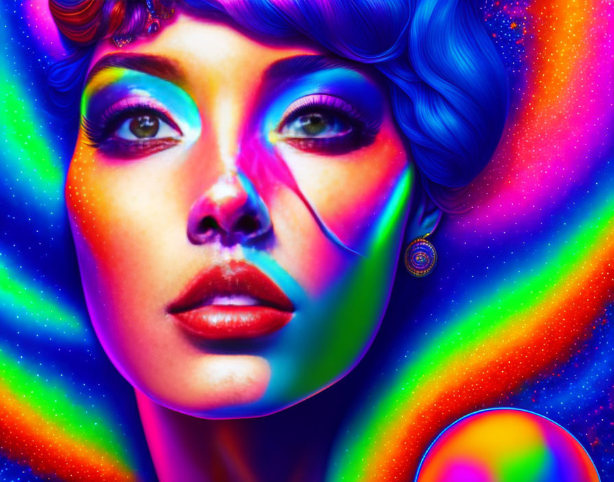 Colorful digital portrait of woman with blue hair and vibrant makeup on psychedelic background