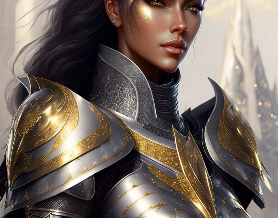 Illustrated female warrior in silver and gold armor with black hair and golden facial markings