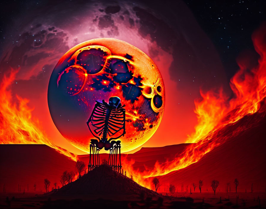 Fantastical moon with fiery lava and skeletons on bench watching comet