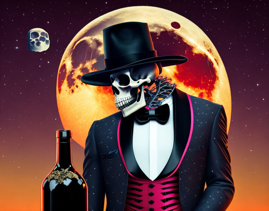 Stylized skeleton in top hat and tuxedo with cosmic moon and planet
