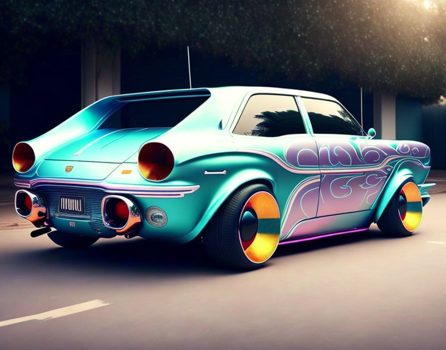 Retro-futuristic car with vibrant colors and custom psychedelic paintwork