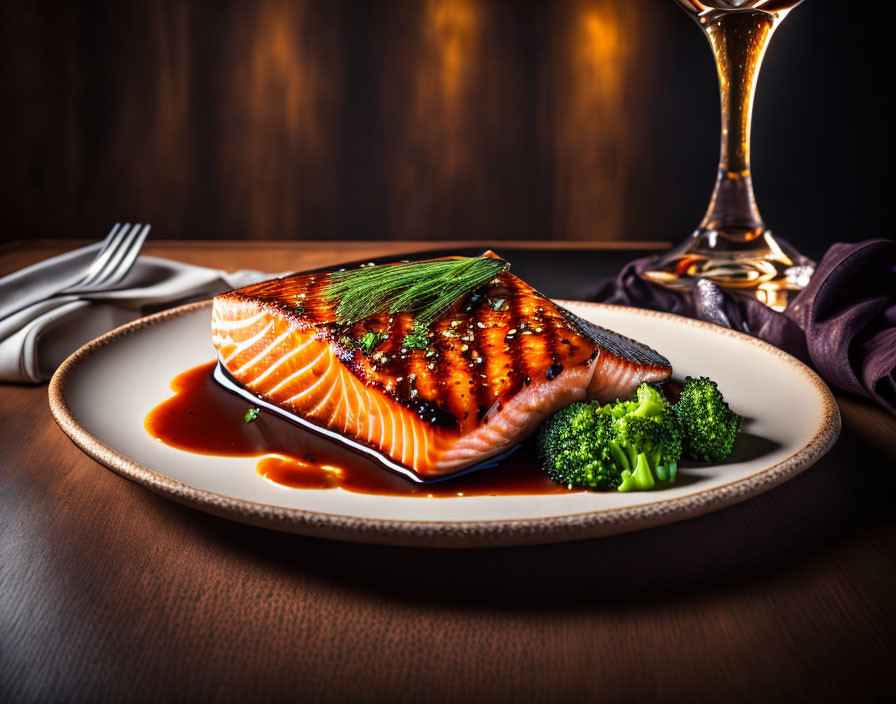 Grilled Salmon Fillet with Glaze and Dill, Broccoli on Elegant Plate