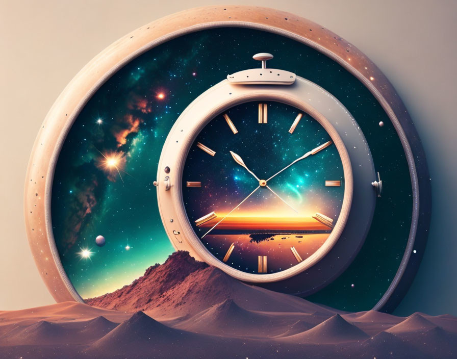 Clock Illustration Merging Time with Cosmic Landscape