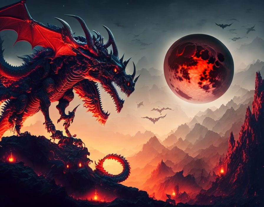 Red Dragon on Cliff with Moon and Flying Dragons in Fiery Landscape