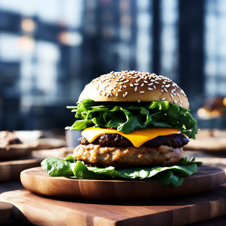 Sesame bun cheeseburger with lettuce on wooden board