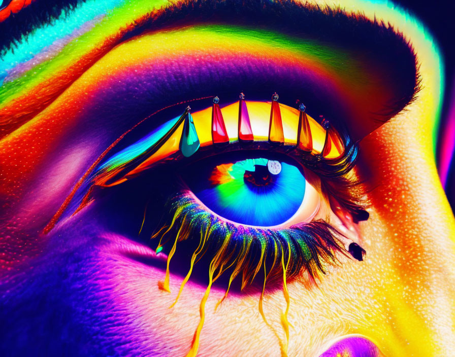 Close-up of eye with rainbow-hued makeup and spiked lashes.