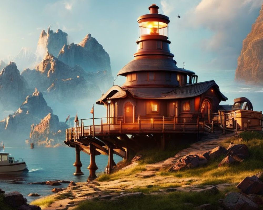 Majestic mountains backdrop picturesque lighthouse at sunset