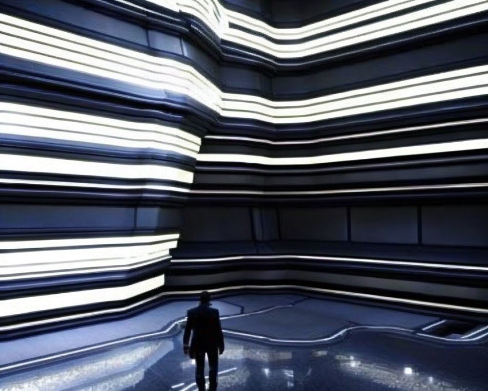 Silhouetted Figure in Illuminated Futuristic Corridor