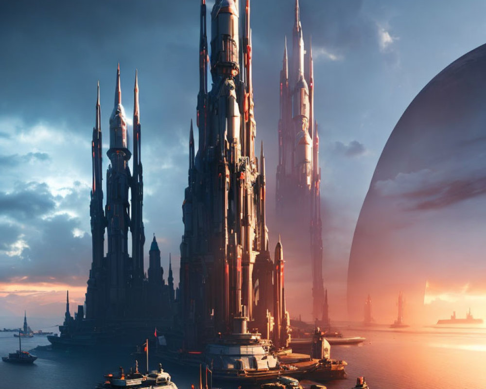 Futuristic cityscape with skyscrapers, ships, and planet at sunset