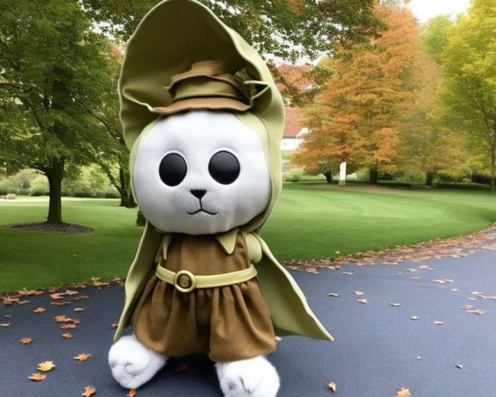 Plush Toy Rabbit in Detective Costume Among Autumn Leaves