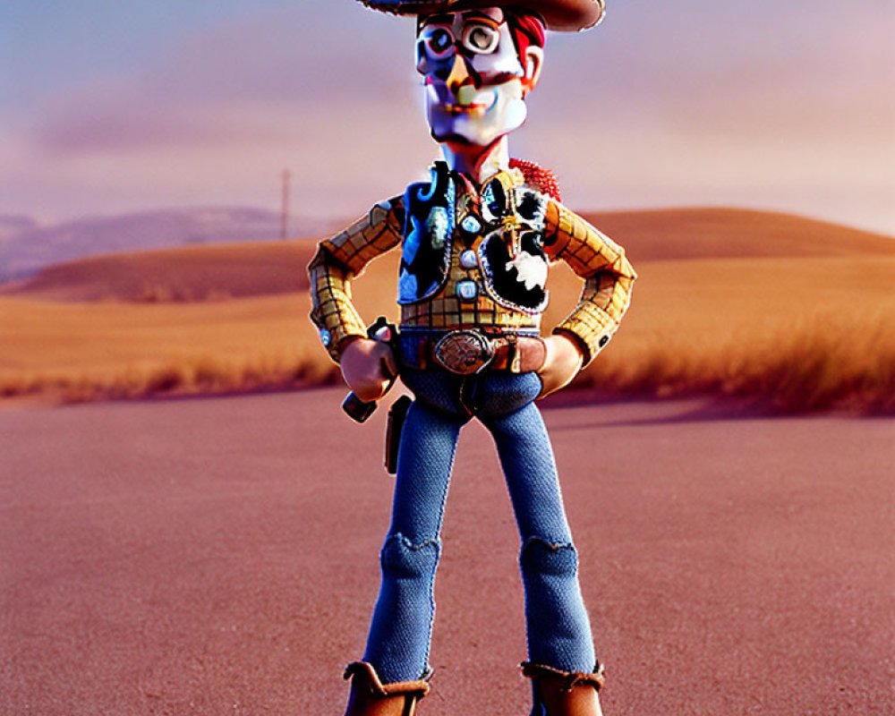 Confident 3D animated cowboy in desert landscape.