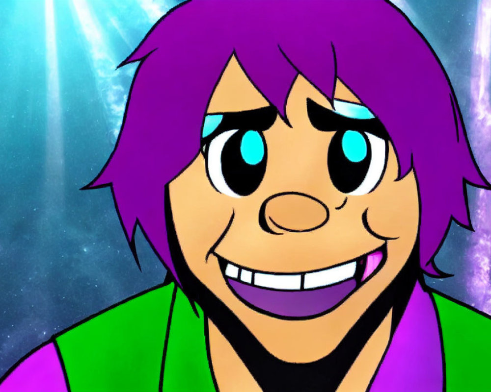 Purple-haired animated character in green jacket smiles against cosmic backdrop