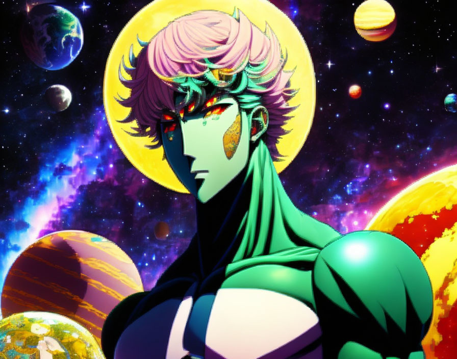 Colorful animated character in space with pink hair and green skin.