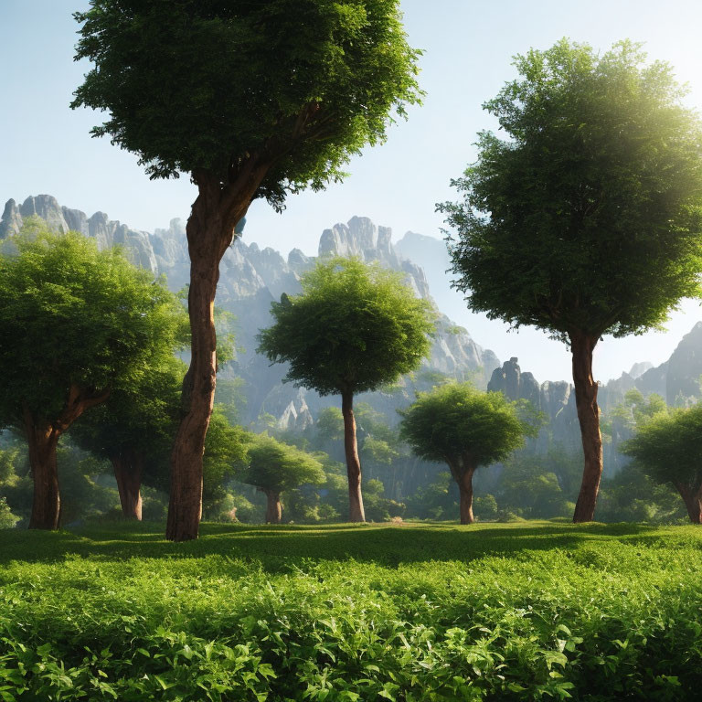 Scenic green meadow with trees, sky, and mountains