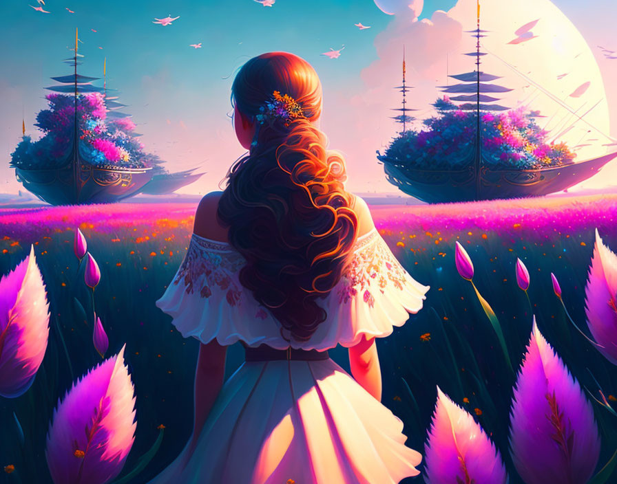 Woman in white dress gazes at ships over purple flower field under pink sky