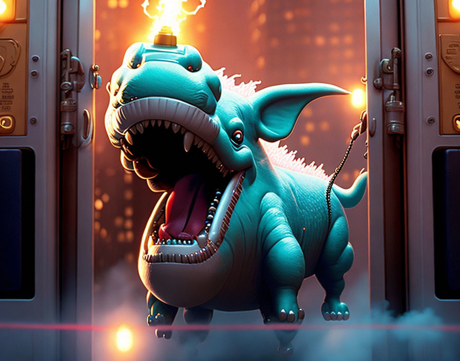 Cartoon-style creature with elephant body and dinosaur traits breaking metal doors