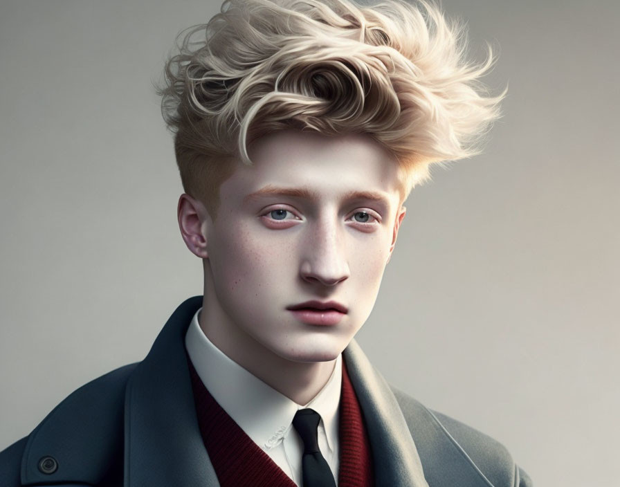 Portrait of person with wavy blond hair, fair skin, dark coat, and red tie